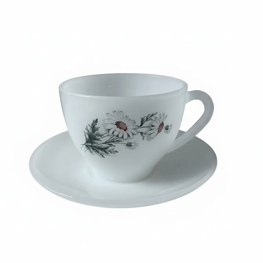 ספל וצלחת ציור פרח המרגנית , מזכוכית "ארקופל "