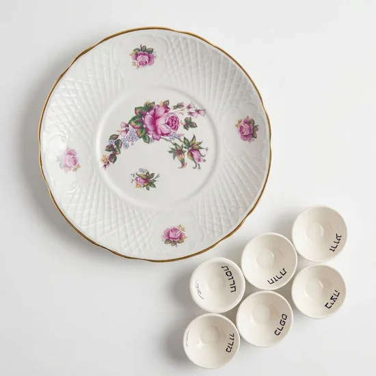 צלחת וינטג וקעריות קרמיקה עבודת יד = צלחת פסח