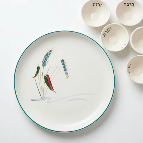 צלחת וינטג וקעריות קרמיקה עבודת יד = צלחת פסח
