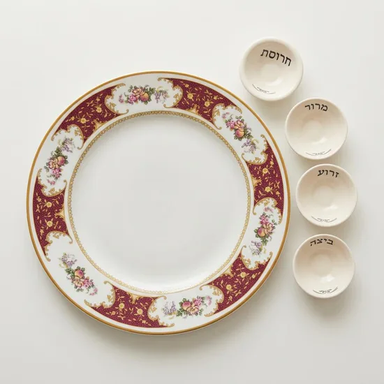 צלחת וינטג וקעריות קרמיקה עבודת יד = צלחת פסח