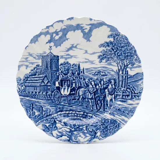 צלחת עוגה מחרס אנגלי חלק מסרוויס כרכרה וסוסים