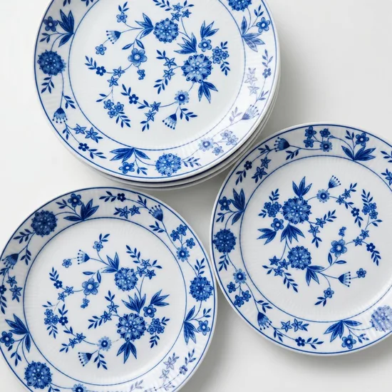 צלחת  מפורצלן חלק מסרוויס פרחים כחולים