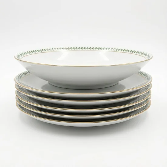 צלחת מרק עלים ירוקים ופס זהב מפורצלן