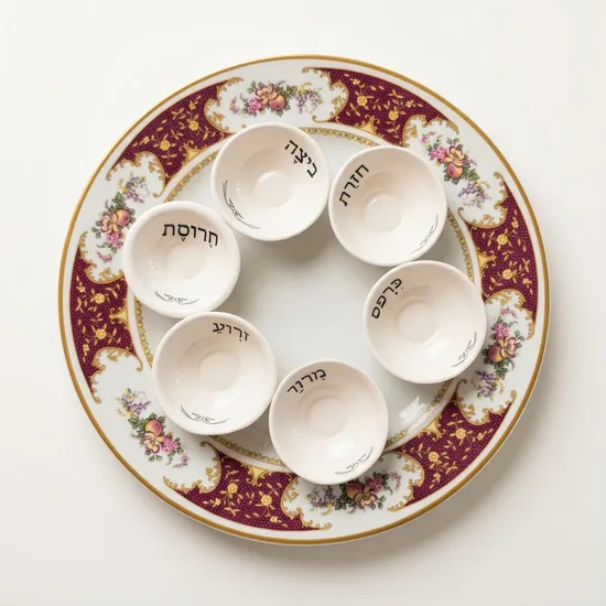 צלחת וינטג וקעריות קרמיקה עבודת יד = צלחת פסח